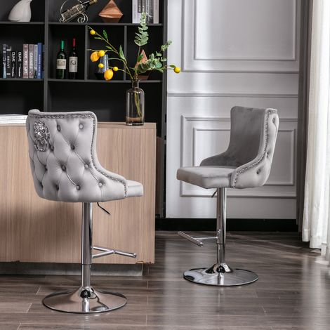 Wahson Tabouret de bar velours – Lot de 2 chaises hautes avec repose-pieds – Hauteur réglable 60-82 cm – Design moderne gris, Gris