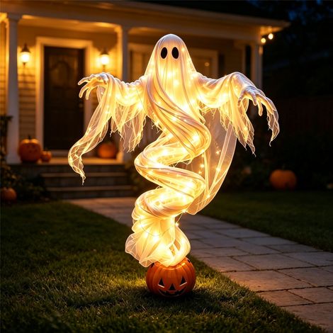Irovami Lampe jardin citrouille fantôme – LED chaude, Halloween, piquet sol, extérieur (1/5)