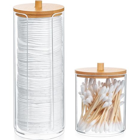 2 Pièces Porte Coton Tige, Boîte à Coton Tampons, Distributeur de Pots Organisateur de Rangement avec Couvercles en Bambou pour Boules de Coton Tige, Qtips, Salle de Bain
