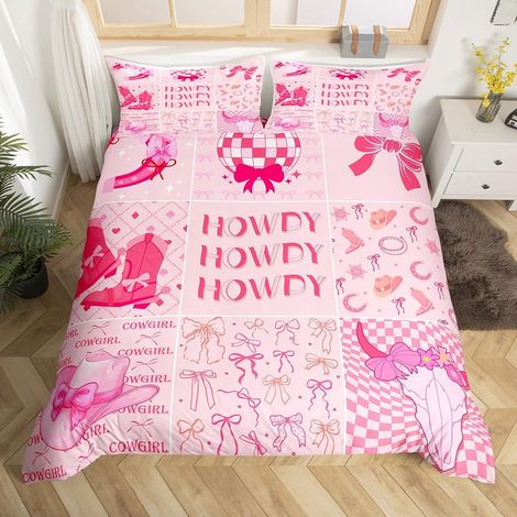 Housse de Couette 240 x 260 Ado Fille Disco Cowgirl, Parure de Lit Preppy pour Enfant Femme, Sets de Housses de Couettes Bottes Western Chapeau, Couvre Lit Howdy Collège Rose Vif, 3 Pièces - 240x260cm (1/5)
