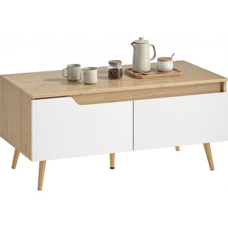 HOMCOM mesa de centro, mesa baja para salón moderno con 2 cajones, patas de madera de pino, para sala de estar, dormitorio, 100x50x46cm, roble
