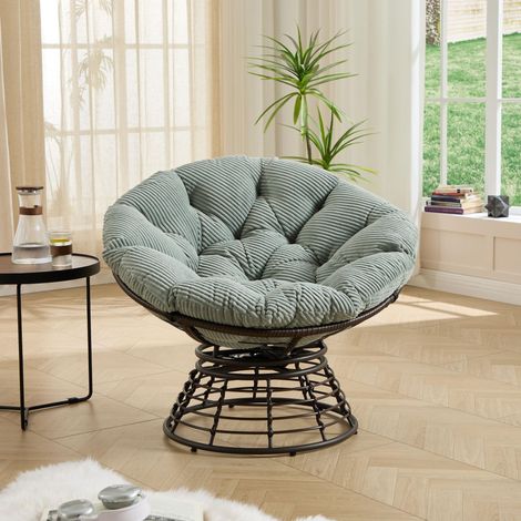 360° drehbarer Papasan-Sessel aus Polyrattan, runder Gartensessel für Innen- und Außenbereich mit dickem, weichem Sitzkissen – Hellgrün