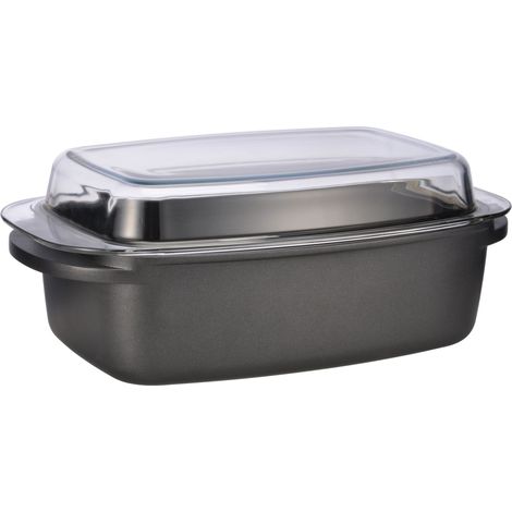 Aluguss Bräter 39 x 22 cm mit Glasdeckel - 5,6 L - Metall Schmortopf mit Antihaft Beschichtung - Kasserolle Servierpfanne Auflaufform spülmaschinenfest