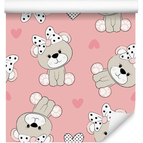 Papel pintado con ositos de peluche, lazos y corazones para salón y dormitorio, 50x1000 cm. (1/5)