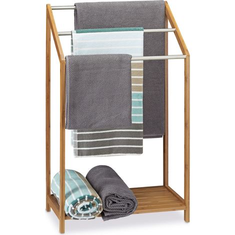 Relaxdays Bamboo Towel Holder, 3 Towel Rails, Freestanding, Shelf, Modern, Size: ca 85 x 51 x 31 cm, Natural Brown