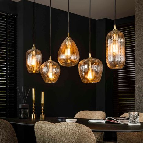 Suspension luminaire en verre ambré et or 5 lampes RUBYS