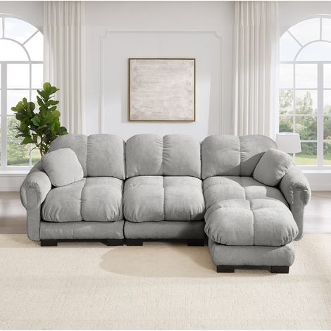 Sofá esquinero en L de 3 plazas de chenilla gris claro con chaise longue móvil y 2 cojines (1/5)