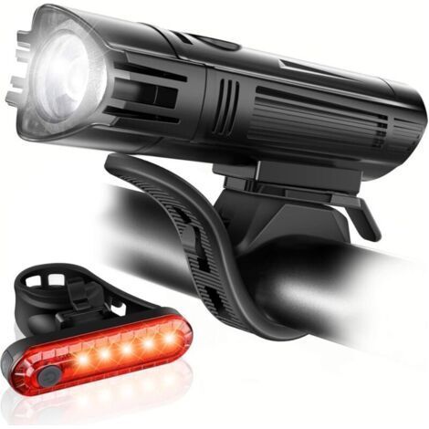USB Rechargeable Ultra-Bright Black Bike Light Set, Powerful Front Headlight and Taillight, 4 Lighting Modes, Easy to Install for Men, Women and Kids, Road and MTB (1/4)