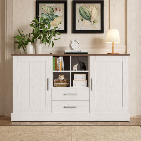 Sideboard en panneaux de particules blanc et brun effet bois 140x40x79,5 cm, 2 portes, 2 tiroirs, 4 niches (1/5)