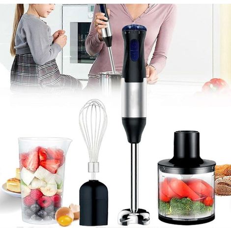 Elektrischer 4-in-1-Stabmixer, tragbarer Standmixer mit 5 Geschwindigkeitsstufen, Fleischwolf mit Edelstahlklingen für Fleisch, Gemüse, Obst und andere Lebensmittel. (1/5)