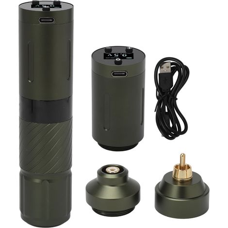 Tatouage Stylo 2-en-1 Sans Fil RCA 1800mAh Double Batterie Rechargeable Écran LED Machine Rotative Verte (1/5)