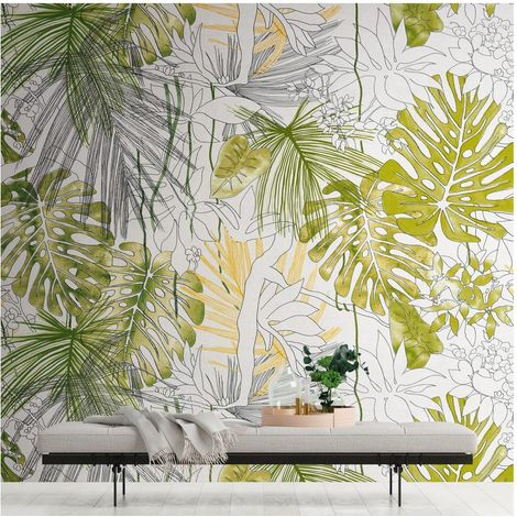 Sfondo fotografico Profhome 382321 Carta da parati TNT goffrata a caldo liscia con design giungla opaca verde bianco grigio giallo 3,71 m x 2,8 m (1/4)
