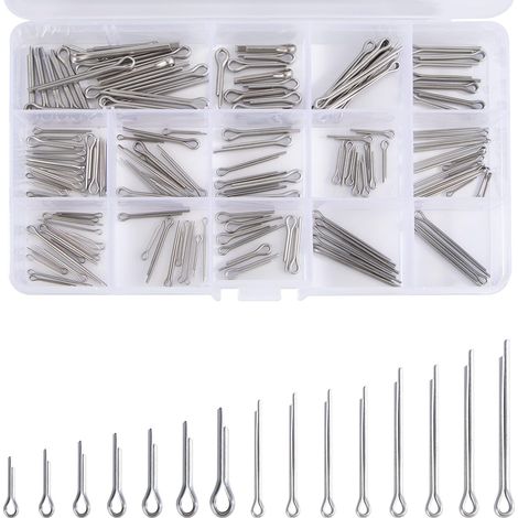 Kit de 150 pasadores partidos de acero inoxidable (15 tamaños, de M1 a M3) con caja y pasadores de retención surtidos. (1/5)