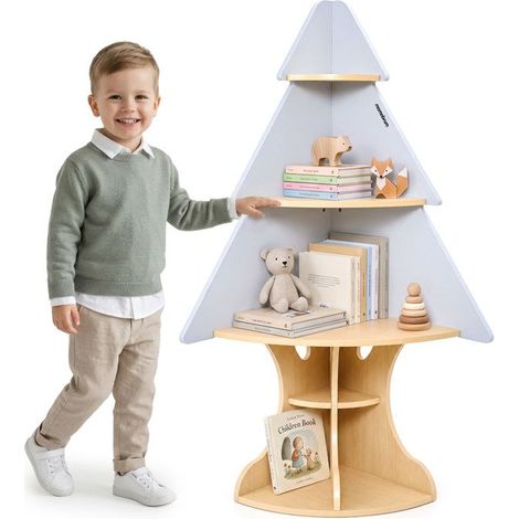Estantería de esquina de madera - Mamabrum - 3 estantes - 4 compartimentos abiertos - 122 cm de altura - 30 x 30 x 122 cm - A partir de 3 años (1/5)