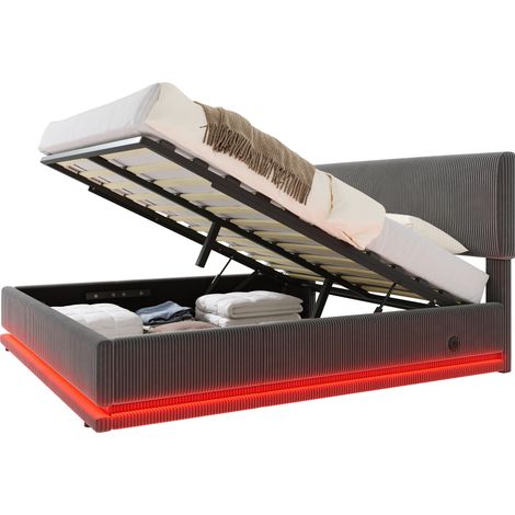 Lit rembourré 140x200 cm avec LED, USB-C, tête de lit réglable 3 hauteurs, grand rangement, sommier stable et tissu velours côtelé gris foncé CHICFURN (1/5)