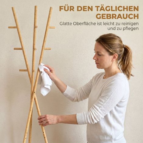 Porte-manteau sur pied avec 9 crochets et 2 étagères pour entrée, bois naturel, meuble d'accrochage mural libre, rangement vestiaire compact. (1/5)