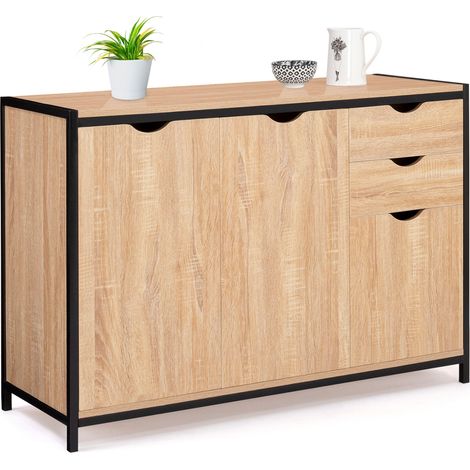 Idmarket – Buffet bas 110 cm avec placards et tiroirs – Structure bi-matière bois et métal – Dimensions 110x40x75,5 cm – Design industriel