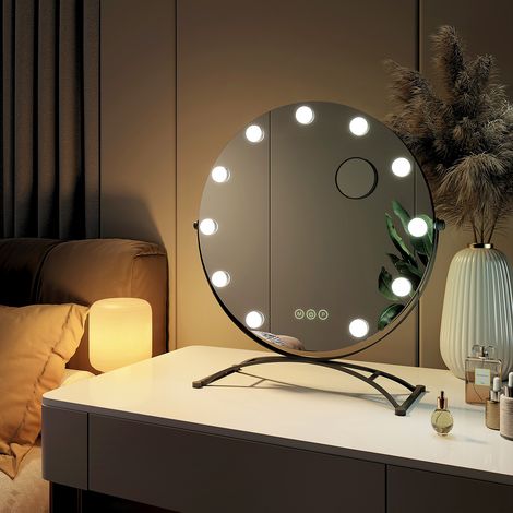 EMKE Miroir de maquillage Hollywood avec Ampoules LED Miroir grossissant Interrupteur tactile 3 couleurs dimmable Rotation à 360° - Cadre Noir 58 x 50 cm (1/5)