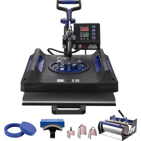 Presse à Chaud 8-en-1, Plaque Chauffante 38x38 cm, Machine de Sublimation Textile avec Presse à Tasses 89 cL, Pivotant à 360°, Pressage Numérique, T-shirt/Chapeau/Tasse/Assiette, Noir et Bleu (1/4)