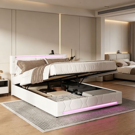 Lit coffre 140×200 cm avec éclairage LED, lit double avec port USB, lit capitonné avec tête de lit réglable, sommier à lattes, lit adulte, lit ados, Lin, Beige
