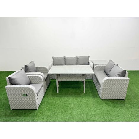 Fimous PE Rattan Garden Furniture Set Reclining Chair Sofa Double Love Seat 2 Seater Sofa Lounge Set Rectangular Dining Table Side Table Light Grey (1/4)
