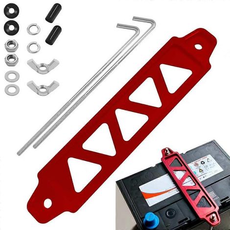 Kit de support de montage de batterie, support de batterie universel en aluminium pour voiture avec sangles rouges et boulons en J en acier inoxydable, compatible avec les SUV. (1/5)