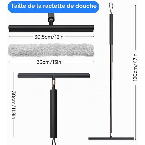 Extendable Shower Squeegee Silicone Shower Squeegee 30-120 cm, with microfibre jacket and hook, glass washer for glass, mirrors, tiles, car windows (1/4)