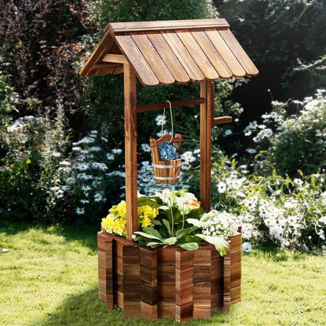 Aoxun Pflanztopf Wunschbrunnen Holz, Ziehbrunnen Pflanzenständer, Wunschbrunnen Pflanzkübel, 64 x 64 x 136 cm, Dekobrunnen für Garten, Gartenbrunnen Blumenkübel