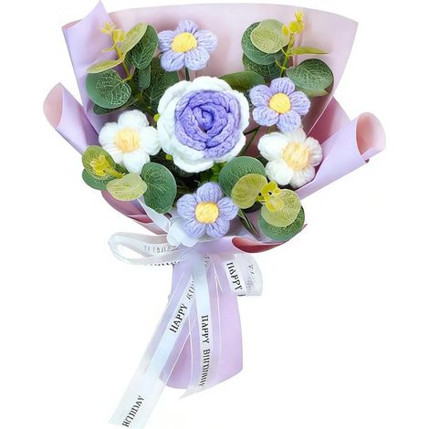 Bouquet de fleurs artificielles fait main en fil de coton, fleurs éternelles, crocheté, cadeau d'anniversaire pour maman, épouse, compagne, remise de diplôme, décoration intérieure (1/5)