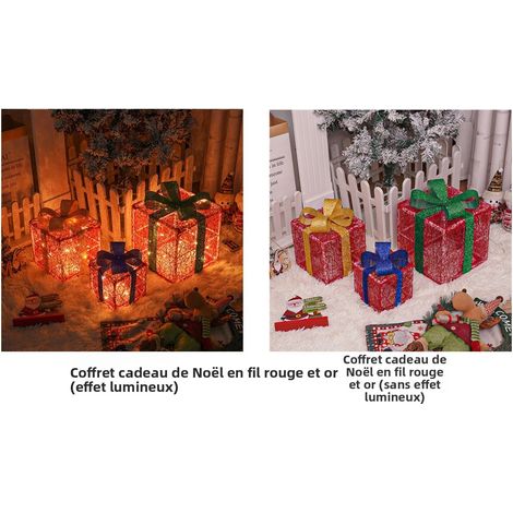 Coffret Cadeau Noël Pliable 3 Pièces avec Guirlande LED Chaude Télécommande 8 Modes - Décoration Fête Anniversaire Cube Lumineux Rouge Fil Doré (Grand Moyen Petit)-lsw