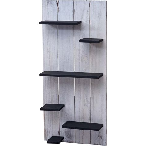 Wandregal HHG-607, Wandpaneel Holzregal Regal, 6 Ebenen 110x50x14cm Massivholz Vintage weiß/dunkelgrau shabby