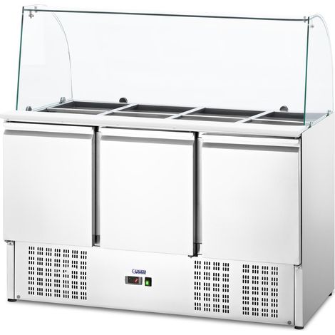 Ensaladera refrigerada profesional de pie con 3 puertas, mueble mesa de acero inoxidable (Volumen: 368 l, x cm, Rango de refrigeración: 2 - 10 °C, 1 x GN 1/1, 4 x GN 1/2, 3 x GN 1/3)