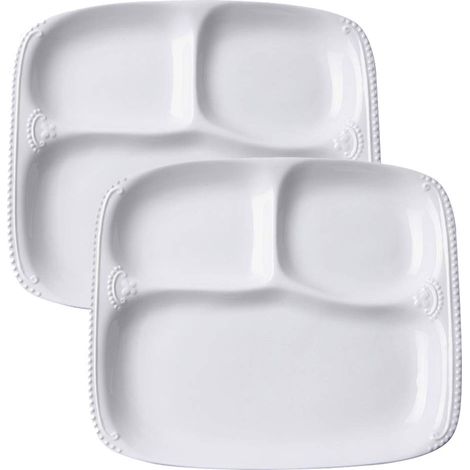 Assiette en Porcelaine Blanche avec 3 Compartiments pour Une Personne, Plateau Rectangulaire 3-en-1 avec Motif à Perles - 10" 8.5" 1" (1/5)