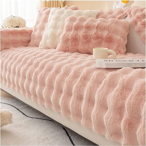 Cuscino per divano in morbido peluche a forma di coniglio, nuovo copridivano antiscivolo 2023, soffice, caldo e caldo copridivano in peluche, copridivano protettivo per mobili da soggiorno (rosa, cusc (1/5)
