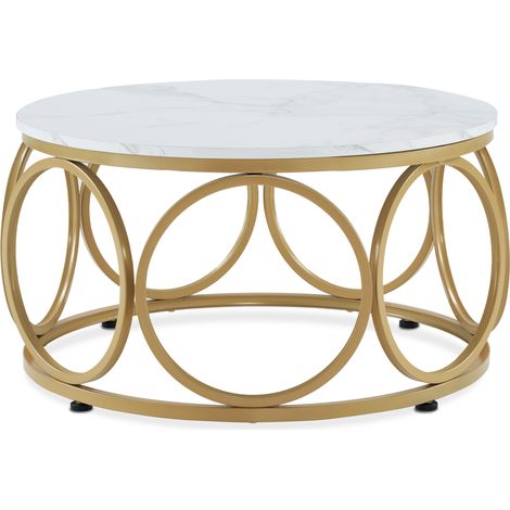 M MCombo Beistelltisch Rund Holz, Modern Sofatisch Marmor Weiß Gold, Klein Kaffeetisch Metallgestell, Couchtisch für Wohnzimmer, Durchmesser 80cm, 2102 (1/5)