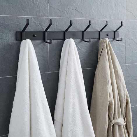 Lot de 2 Porte-manteaux Muraux, Barre Rangement avec 6 Patères en Aluminium Robuste - Noir Mat, Pour Vêtements, Manteaux & Sacs, Idéal pour Entrée, Couloir, Salle de Bain, Cuisine - 15kg de Charge Max (1/5)