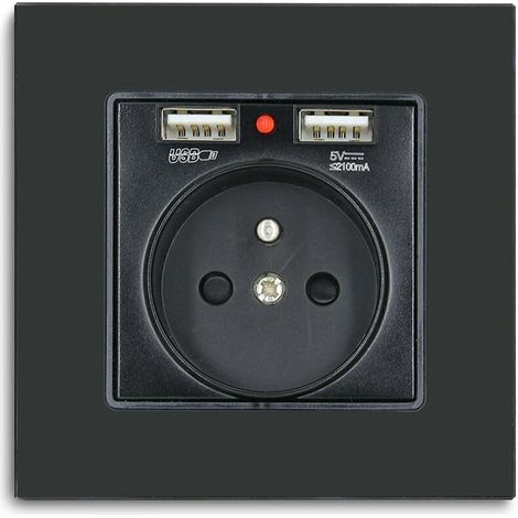 Wandsteckdose mit 2 USB-Anschlüssen, Betterlife 16-Ampere-Einzel-Wechselstromsteckdose, Kristallglasfront, schwarz, 250-V-Steckdose mit USB (max. 2,1 A), geeignet für Smartphones, Tablets und MP3-Play