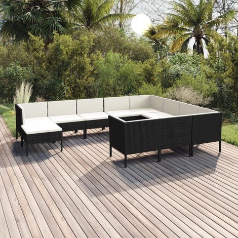 11-tlg. Garten-Lounge-Set mit Auflagen Poly Rattan Schwarz (1/5)