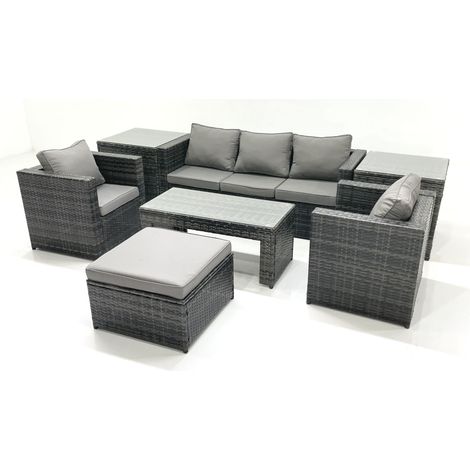 Fimous Rattan Garden Furniture Set Outdoor Lounger Sofa with Coffee Table 2 Armchair Big Footstool 2 Side Tables Dark Grey Mixed (1/5)