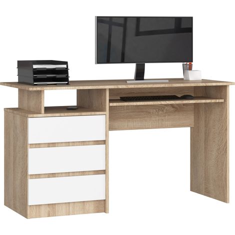 Scrivania AKORD CLP Sonoma Quercia 135 cm 3 cassetti inserto frontale Bianco 135x60x77 cm (1/5)