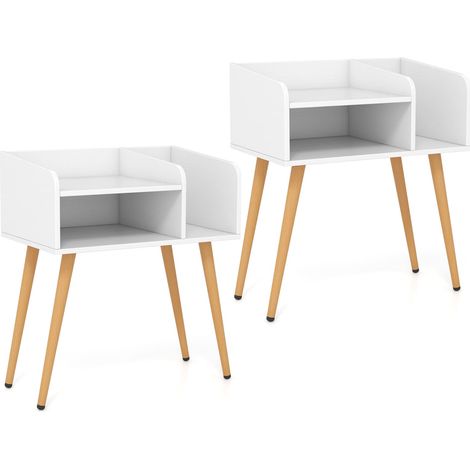 COSTWAY Mid Century Modern Nightstand (Set of 2) with Open Shelves-White (1/5)