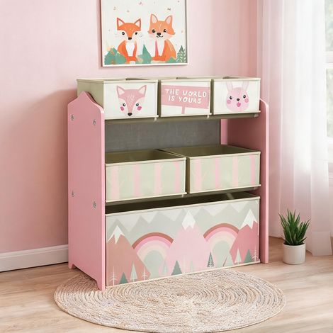 Étagère de rangement enfant rose avec 6 boîtes en tissu en bois (1/5)
