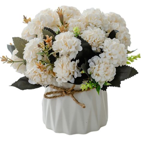 Bouquet d'hortensias artificiels avec petit vase en céramique, fleurs d'hortensias artificielles en pot