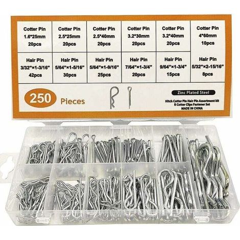 Lot de 250 goupilles fendues à ressort, 6 tailles différentes, goupille fixe galvanisée, accessoires pour outils à main (1/4)