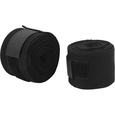 Lot de 2 serviettes de boxe en coton, 5 m, séchage rapide, semi-élastiques, fermeture velcro, noires, pour kickboxing et muay thaï. (1/5)