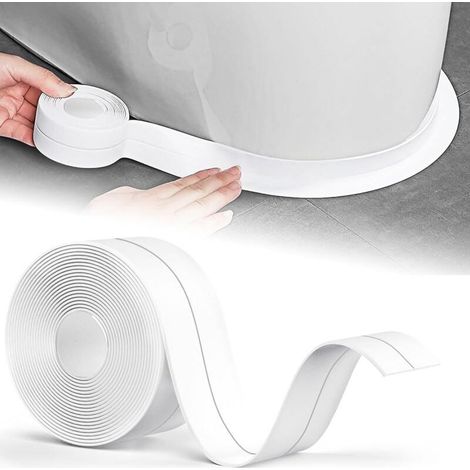 Mastic silicone blanc pour salles de bains, joint de baignoire 5 m x 38 mm, ruban d'étanchéité, résistant aux moisissures et imperméable, auto-adhésif, flexible, convient pour les plinthes, la (1/5)