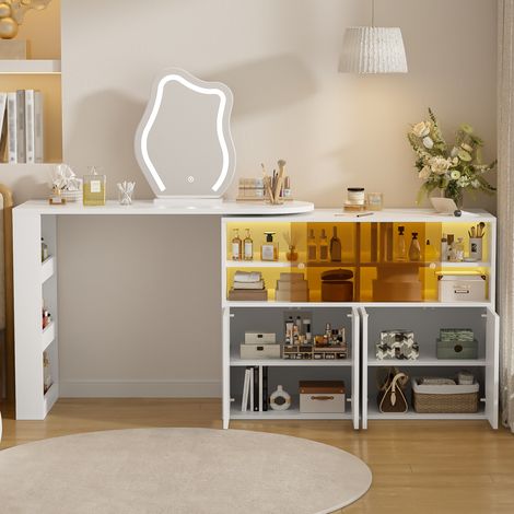 Tocador reversible en L 177 x 40 x 131,5 cm con espejo LED de 3 colores, almacenamiento multinivel, blanco (1/5)