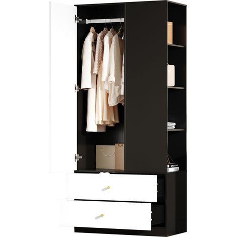 Armoire penderie avec miroir, 1 porte, tringle, 2 tiroirs et 4 étagères, rangement chambre et entrée, finition blanc et noir, 80 x 40 x 180 cm - CHICFURN (1/5)