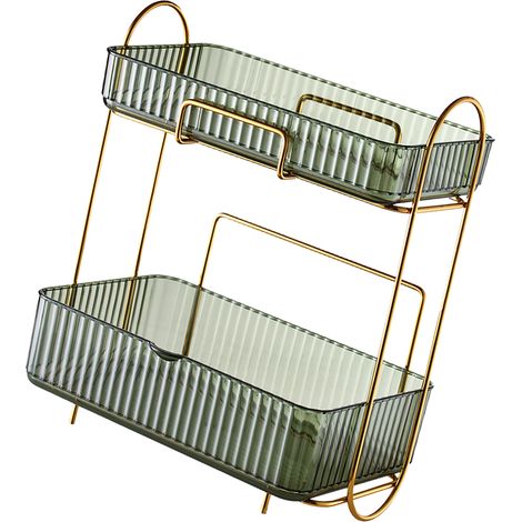 Organisateur de salle de bain à 2 niveaux avec tiroir amovible, grande capacité de rangement pour maquillage, idéal pour la chambre à coucher, vert clair luxueux. (1/5)