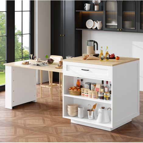 Mesa bar extensible 133-202x70x93,5 cm en MDF blanco con almacenaje, para cocina – MEUBLIV (1/5)